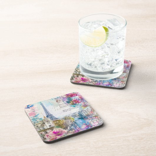 Paris Eiffel Tower Blume Collage Getränkeuntersetzer (Rechte Seite)