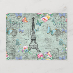 Paris-Eiffel Tower-Blume-Floral-Vintag-Rose Postkarte