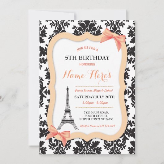 Paris Eiffel Tower Bow Peach Birthday Invite Einladung (Vorderseite)