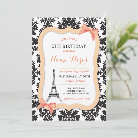Paris Eiffel Tower Bow Peach Birthday Invite Einladung (Stehend Vorderseite)