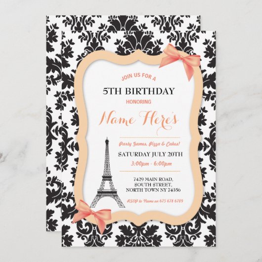 Paris Eiffel Tower Bow Peach Birthday Invite Einladung (Vorne/Hinten)