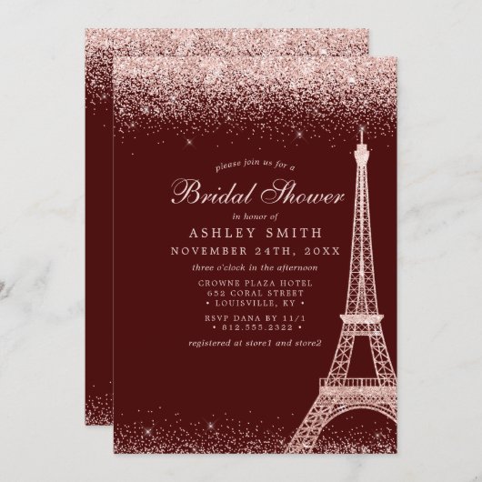 Paris Eiffel Tower Burgundy Sparkle Brautparty Einladung (Vorne/Hinten)