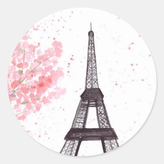 Paris Eiffel Tower Cherry Blossom Wasserfarbe Runder Aufkleber (Vorderseite)