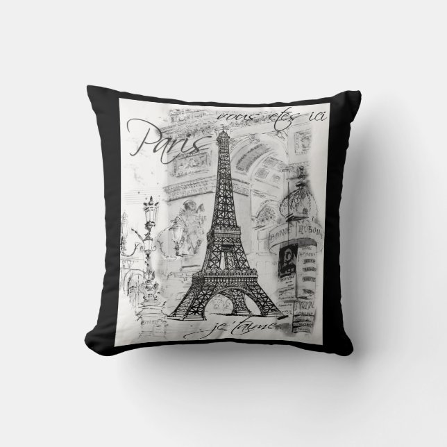 Paris Eiffel Tower Collage Black & White Kissen (Vorderseite)