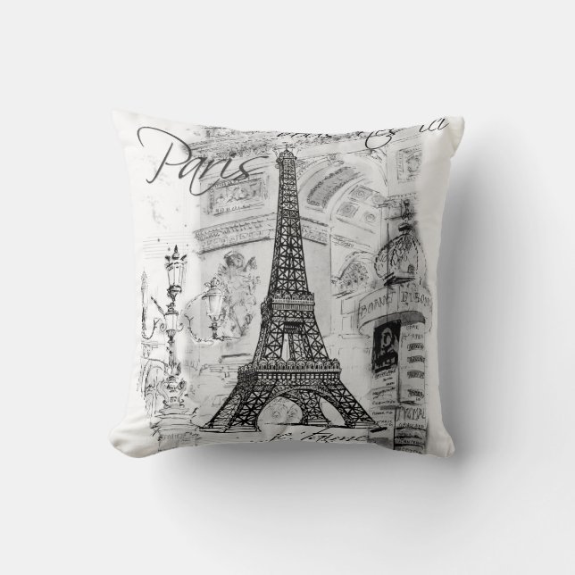 Paris Eiffel Tower Collage Black & White Kissen (Vorderseite)