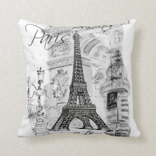 Paris Eiffel Tower Collage Black & White Kissen