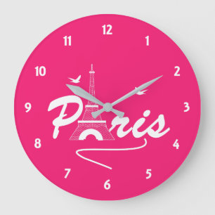 Paris Eiffel Tower Fancy Text Graphic Große Wanduhr
