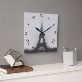 Paris Eiffel Tower Fog B&W Square Wall Clock Quadratische Wanduhr
