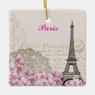 Paris Eiffel Tower Frankreich Vintage rosa Blume Keramikornament