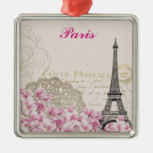 Paris Eiffel Tower Frankreich Vintage rosa Blume Ornament Aus Metall