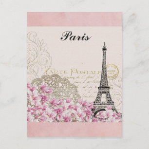 Paris Eiffel Tower Frankreich Vintage rosa Blume Postkarte