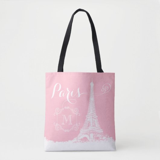 Paris Eiffel Tower Girly Pink White Mit Monogramm Tasche (Vorderseite)