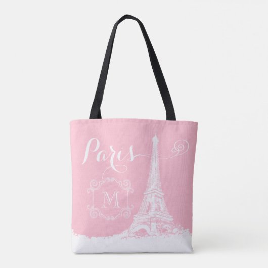 Paris Eiffel Tower Girly Pink White Mit Monogramm Tasche (Rückseite)