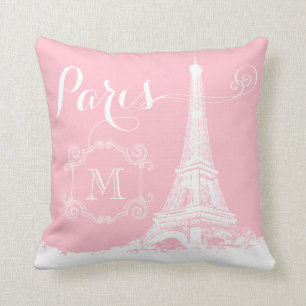 Paris Eiffel Tower Girly Rosa Weiß Monogramm Kissen