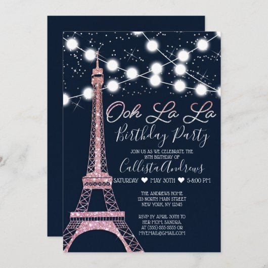 Paris Eiffel Tower Glitzer Lights Birthday Einladung (Vorne/Hinten)