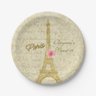 Paris Eiffel Tower Gold & Pink Glamour Party Pappteller