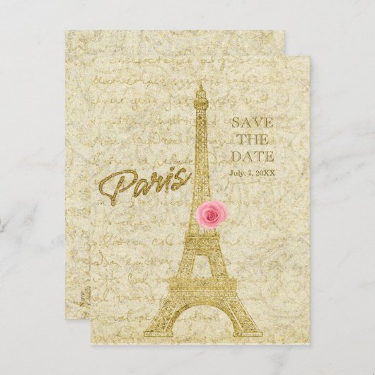 Paris Eiffel Tower Gold & Pink SAVE THE DATE Ankündigungspostkarte (Vorne/Hinten)