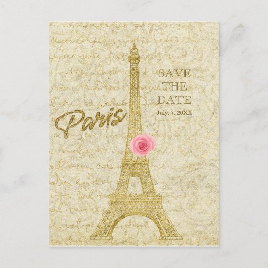 Paris Eiffel Tower Gold & Pink SAVE THE DATE Ankündigungspostkarte (Vorderseite)