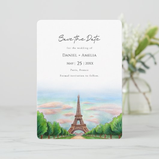 Paris Eiffel Tower Hochzeit in Urlaubsort Save The Date (Stehend Vorderseite)