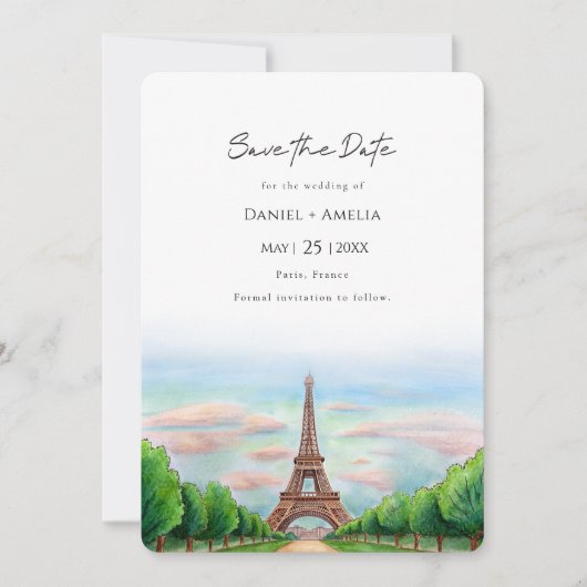 Paris Eiffel Tower Hochzeit in Urlaubsort Save The Date (Vorderseite)