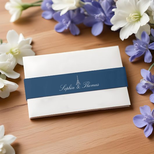 Paris Eiffel Tower Monogram Navy Silver Wedding Einladungsbanderole