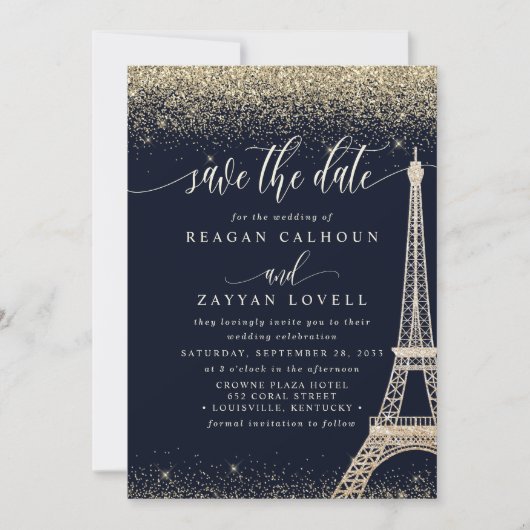 Paris Eiffel Tower Navy Gold Save the Date Card (Vorderseite)