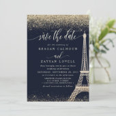 Paris Eiffel Tower Navy Gold Save the Date Card (Stehend Vorderseite)