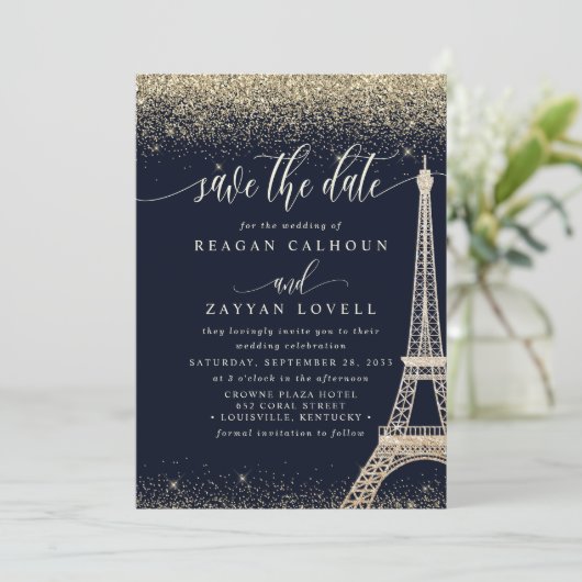 Paris Eiffel Tower Navy Gold Save the Date Card (Stehend Vorderseite)