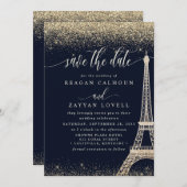 Paris Eiffel Tower Navy Gold Save the Date Card (Vorne/Hinten)
