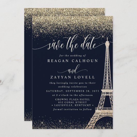 Paris Eiffel Tower Navy Gold Save the Date Card (Vorne/Hinten)