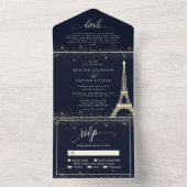 Paris Eiffel Tower Navy Gold Sparkle Wedding All I In One Einladung (Innen Boden)