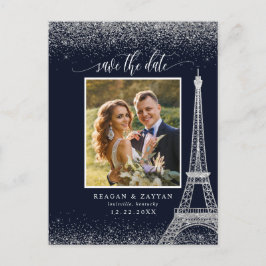 Paris Eiffel Tower Navy Silver Foto Save the Date Ankündigungspostkarte
