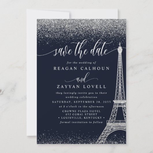 Paris Eiffel Tower Navy Silver Save the Date Card (Vorderseite)