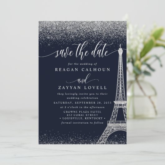 Paris Eiffel Tower Navy Silver Save the Date Card (Stehend Vorderseite)