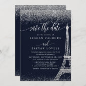 Paris Eiffel Tower Navy Silver Save the Date Card (Vorne/Hinten)