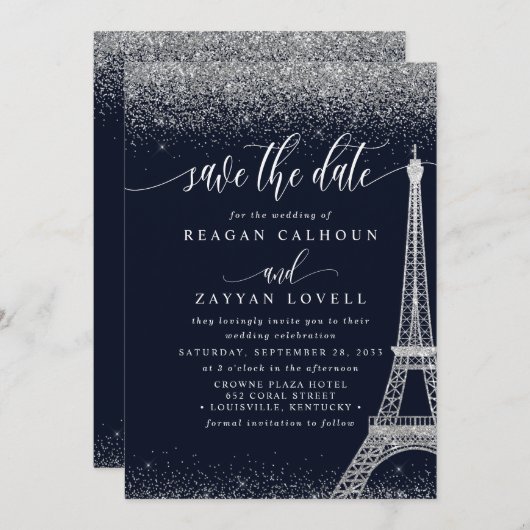 Paris Eiffel Tower Navy Silver Save the Date Card (Vorne/Hinten)