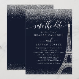 Paris Eiffel Tower Navy Silver Save the Date Card