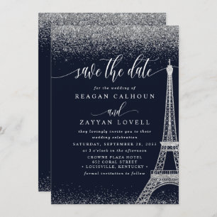 Paris Eiffel Tower Navy Silver Save the Date Card