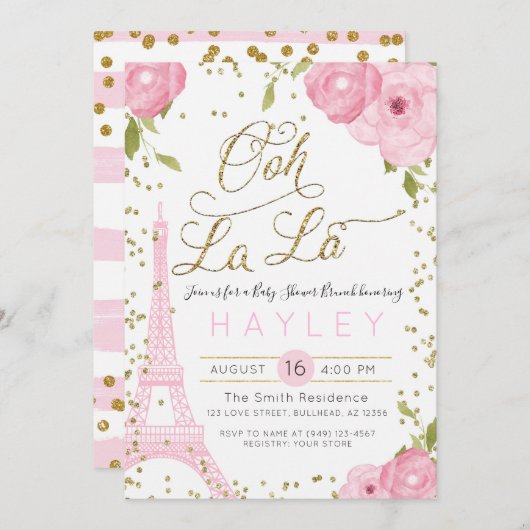 Paris Eiffel Tower Pink Gold Baby Dusche Einladung (Vorne/Hinten)