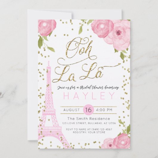 Paris Eiffel Tower Pink Gold Brautparty Einladung (Vorderseite)