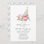 Paris Eiffel Tower Pink Peony Girl Babydusche Einladung (Vorne/Hinten)
