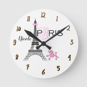 Paris Eiffel Tower Pink Poodle Chic Personalized Runde Wanduhr