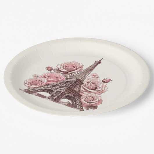 Paris Eiffel Tower & Pink Roses Pappteller (Schrägansicht)