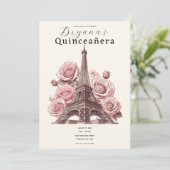 Paris Eiffel Tower & Pink Roses Quinceañera Einladung (Stehend Vorderseite)