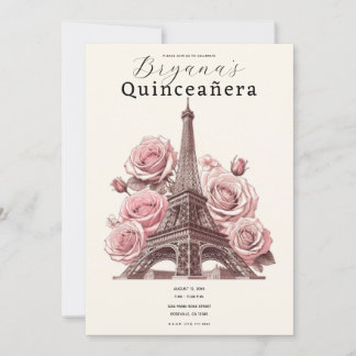 Paris Eiffel Tower & Pink Roses Quinceañera Einladung