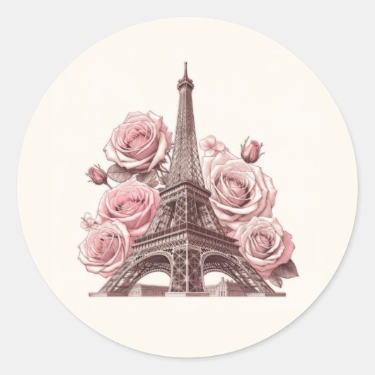 Paris Eiffel Tower & Pink Roses Runder Aufkleber (Vorderseite)