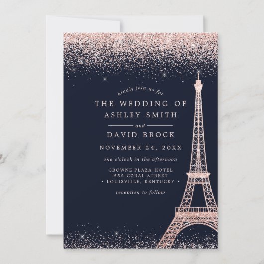 Paris Eiffel Tower Rose Gold Confetti Navy Hochzei Einladung (Vorderseite)