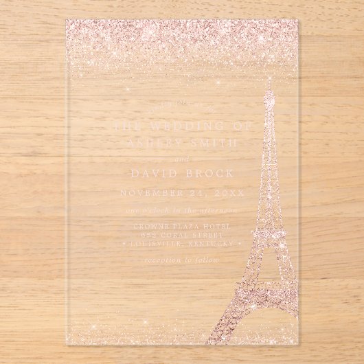 Paris Eiffel Tower Rose Gold Glitzer Wedding Acryleinladungen (Vorderseite)