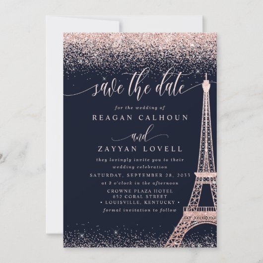 Paris Eiffel Tower Rose Gold Save the Date Karte (Vorderseite)