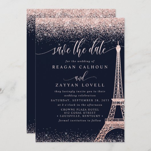 Paris Eiffel Tower Rose Gold Save the Date Karte (Vorne/Hinten)